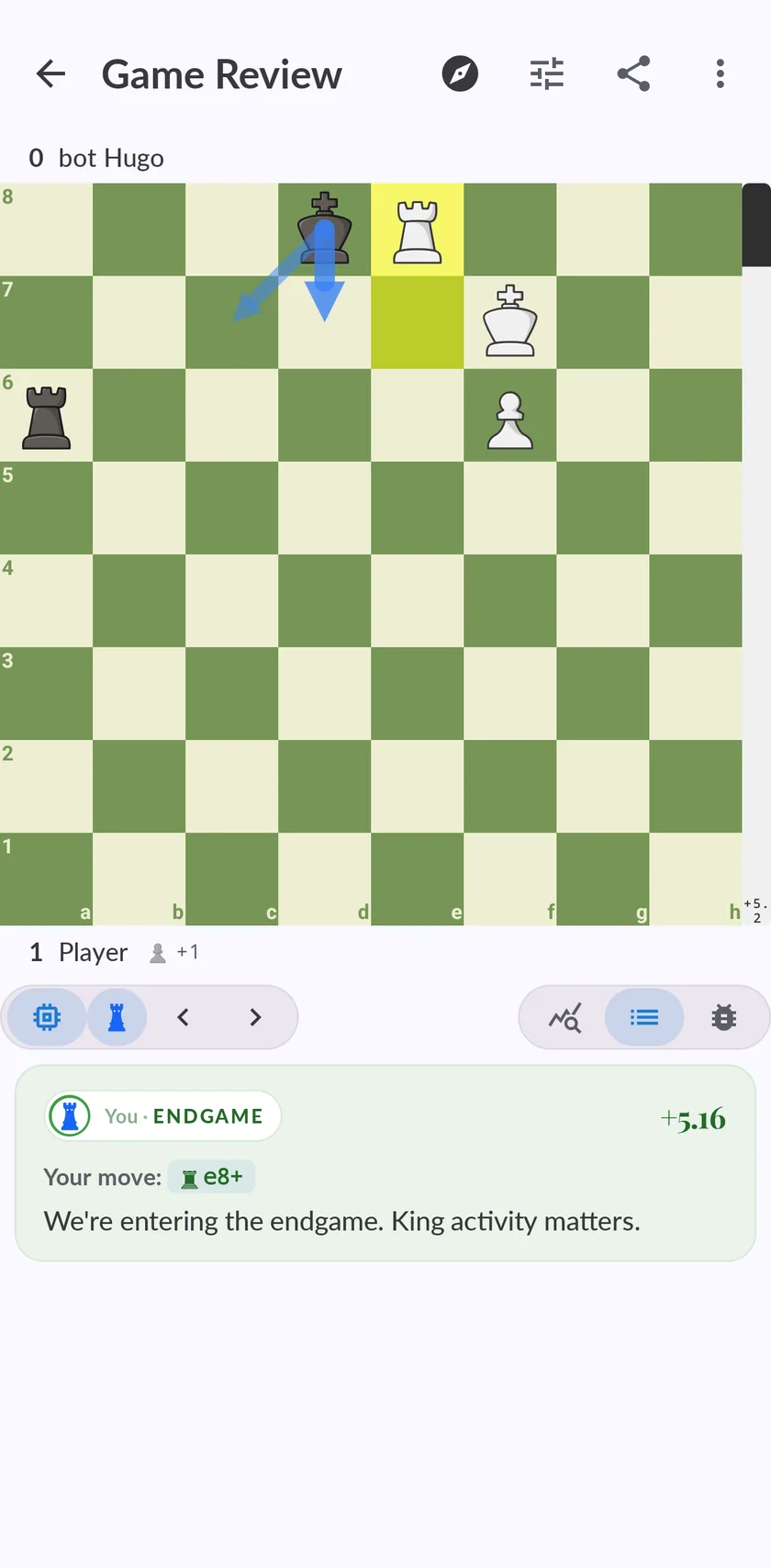 Chess Coach comentando una jugada de una partida, con la evaluación del motor al lado